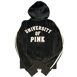 RARE Y2K VS PINK women's black velour "university of pink" sweater, size XS.